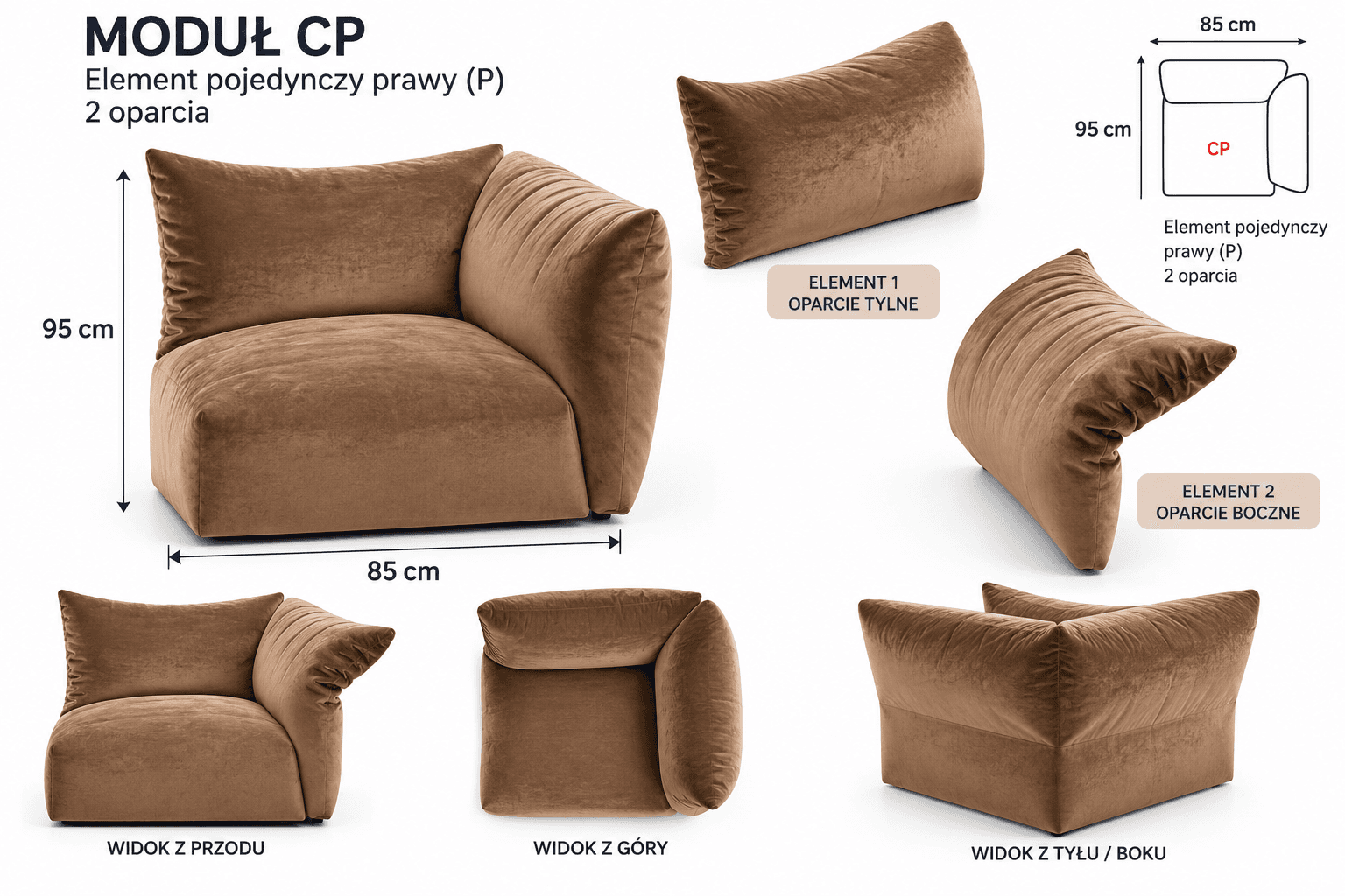 A modular corner sofa section upholstered in a rich brown, plush velvet-like fabric, characterized b… — 3D model