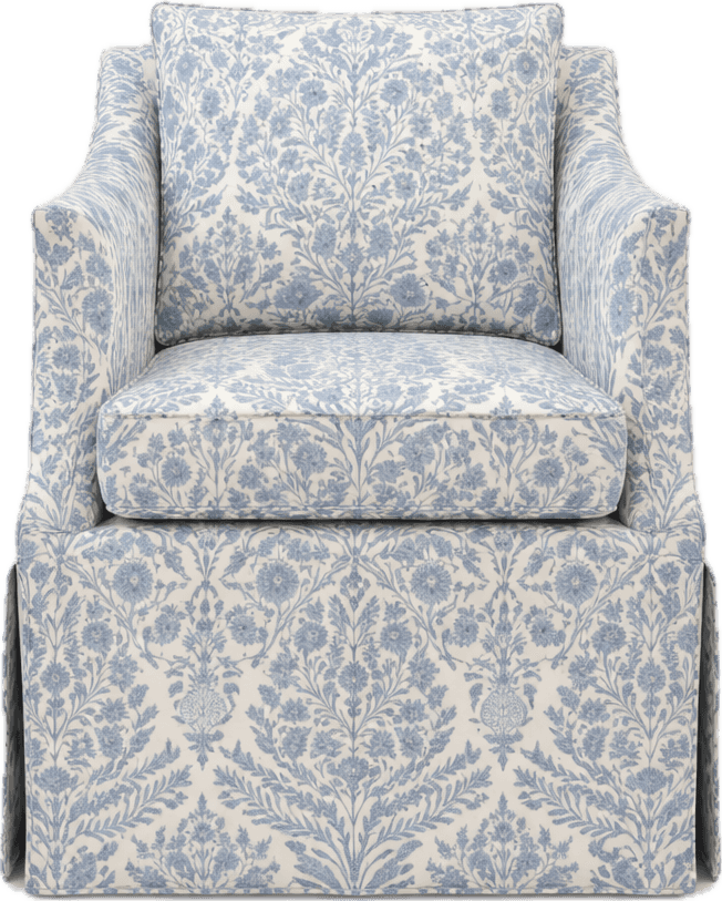 An upholstered armchair featuring a blue and off-white floral pattern, a loose seat cushion, an acce… — free OBJ 3D model