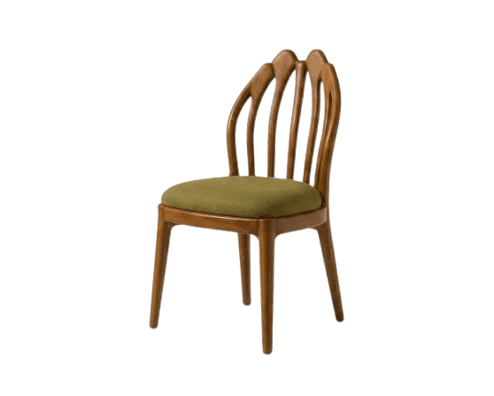 A wooden dining chair featuring a distinctive backrest composed of five shaped, curved wooden slats,… — 3D model