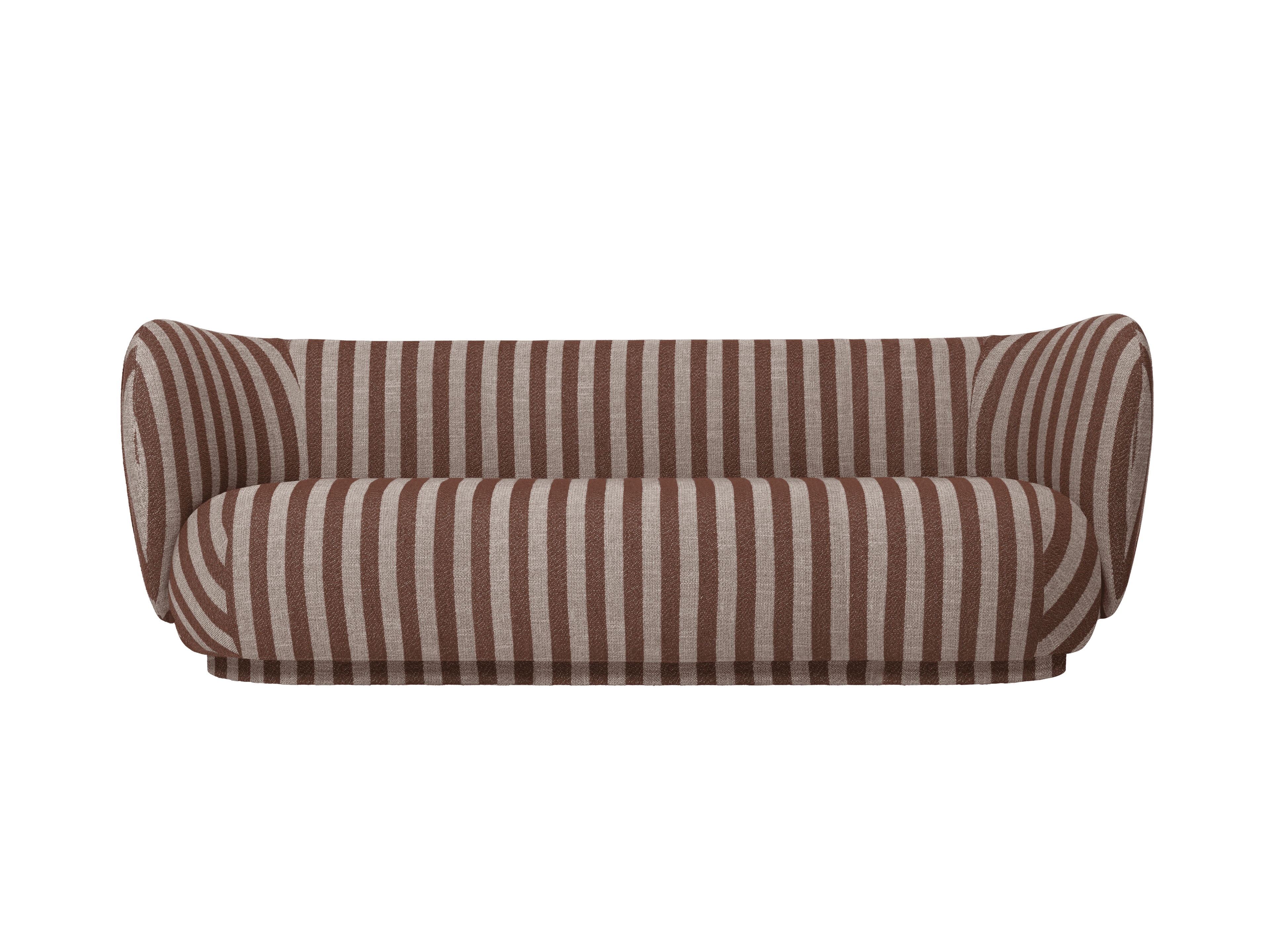 An upholstered loveseat featuring a brown and beige vertical striped fabric. It has a gently curved… — 3D model