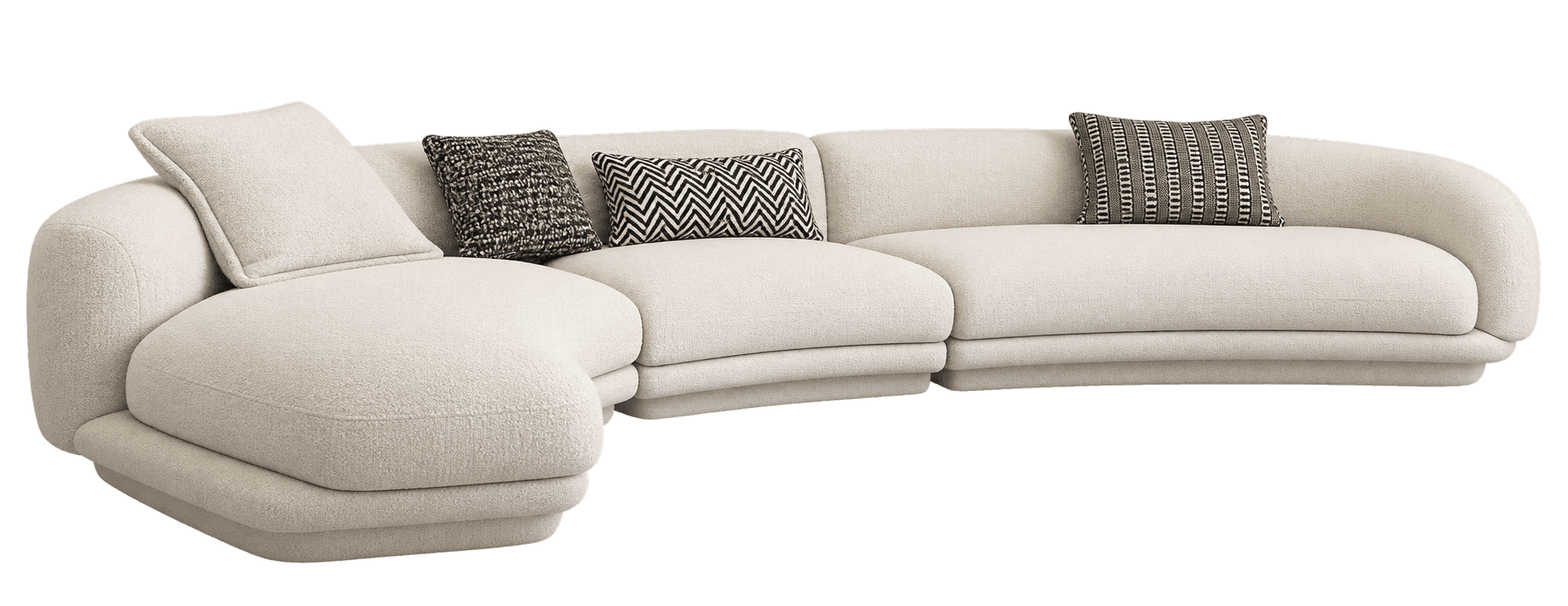 A large, contemporary sectional sofa upholstered in light beige bouclé fabric. The sofa features a c… — 3D model