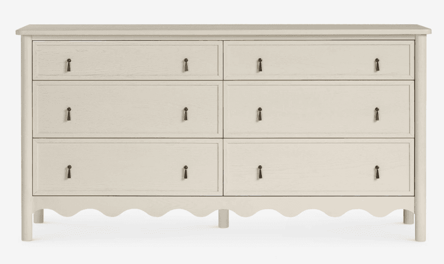 A contemporary light gray double dresser featuring six drawers, arranged in two columns of three. Th… — free OBJ 3D model