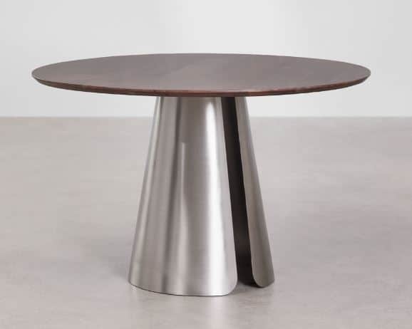 A modern round dining table featuring a dark wood top and a unique conical pedestal base made of bru… — free BLEND 3D model