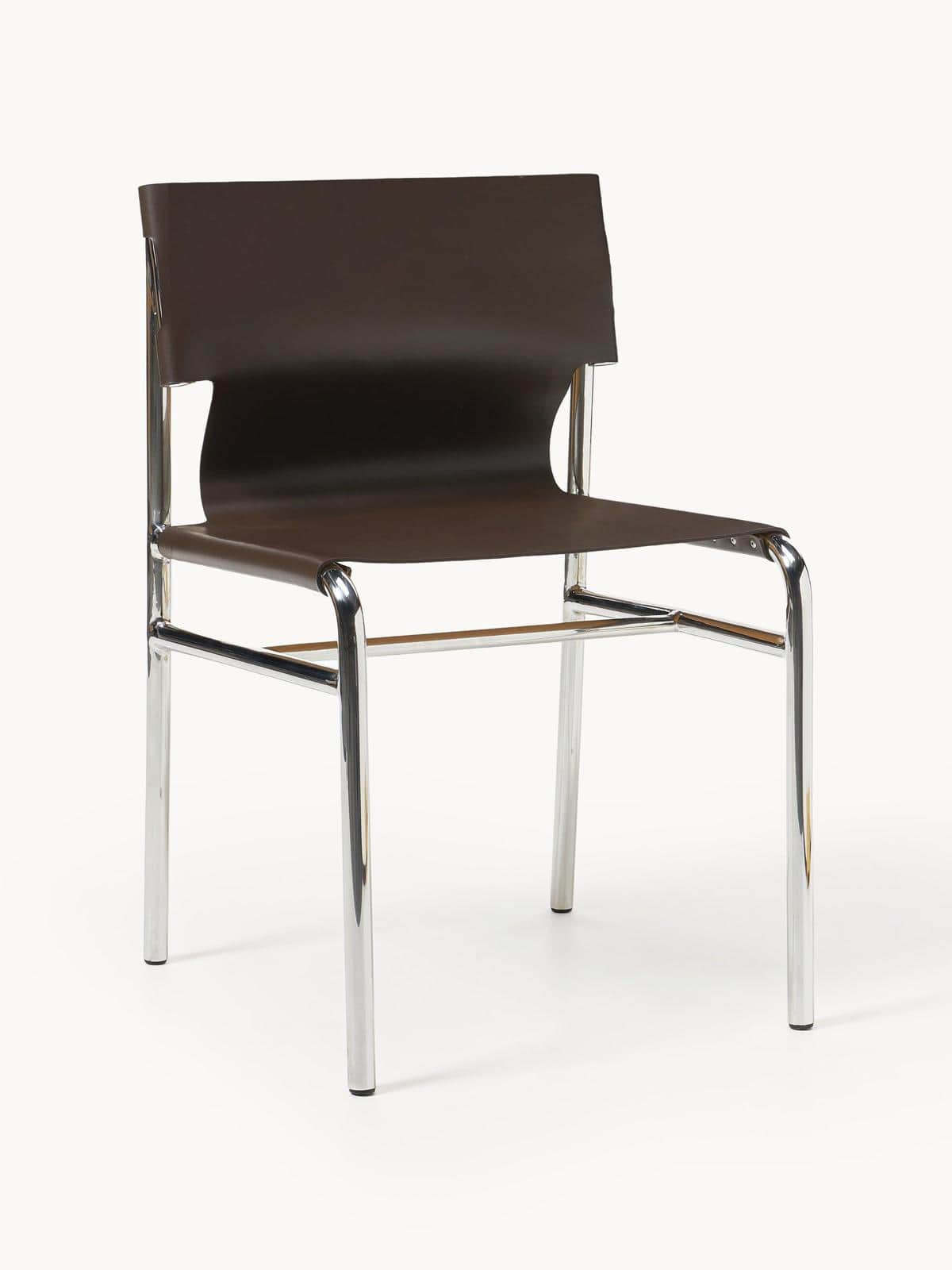 A modernist side chair featuring a polished chrome-plated tubular steel frame and a dark brown leath… — free GLTF 3D model