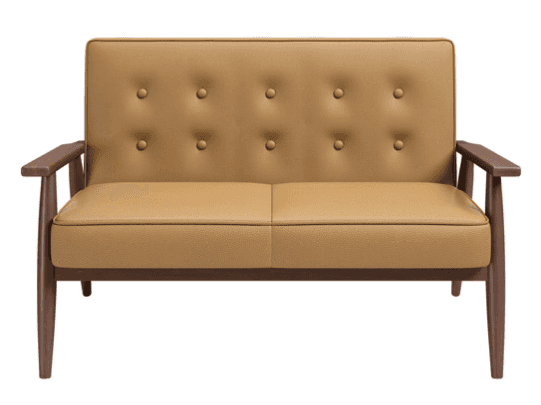 A mid-century modern style loveseat featuring a visible dark wood frame and tan, button-tufted uphol… — 3D model
