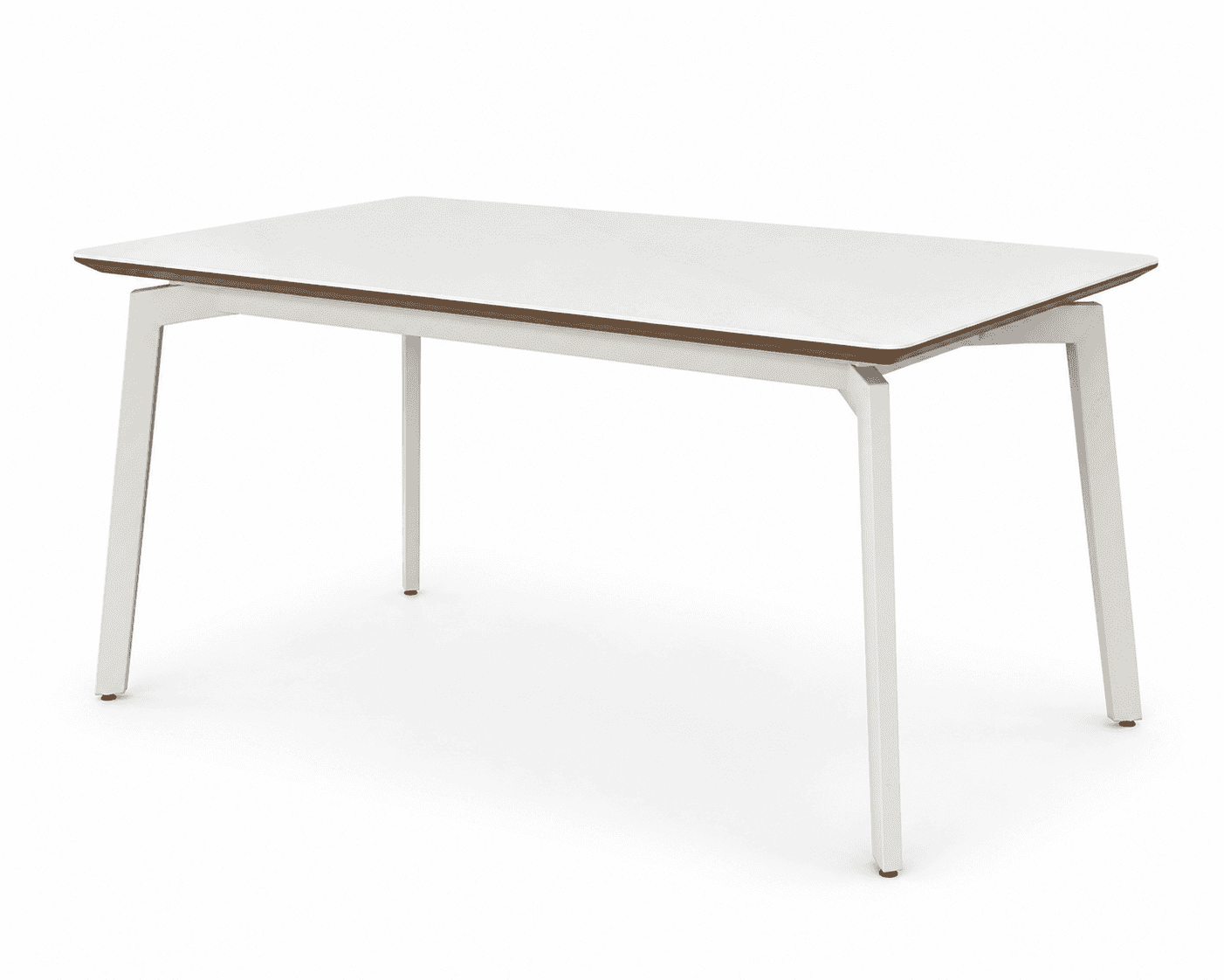 A rectangular modern dining table featuring a white tabletop with a contrasting brown edge, supporte… — 3D model