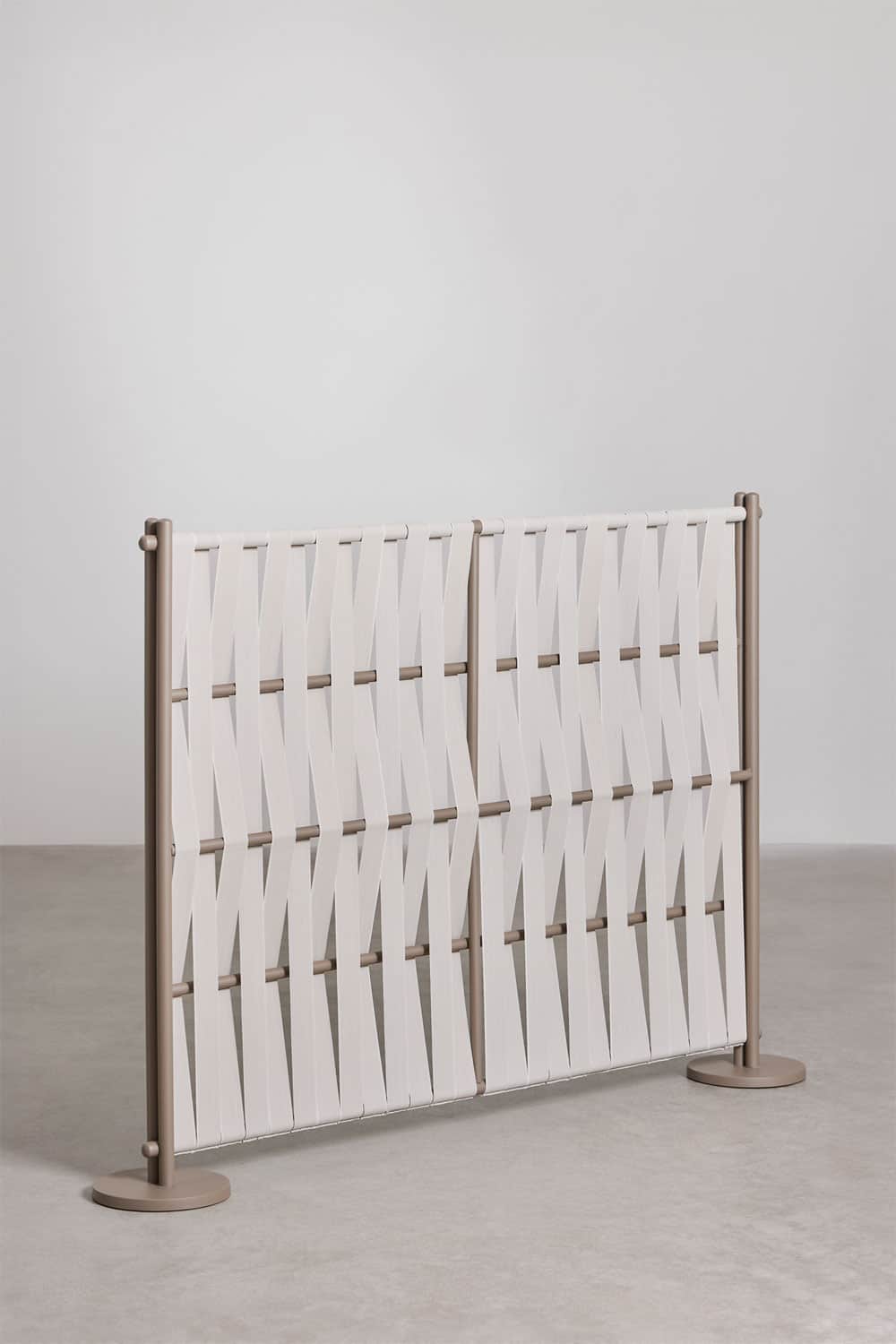 A modern two-panel room divider featuring a minimalist tubular metal frame in a taupe finish and int… — 3D model