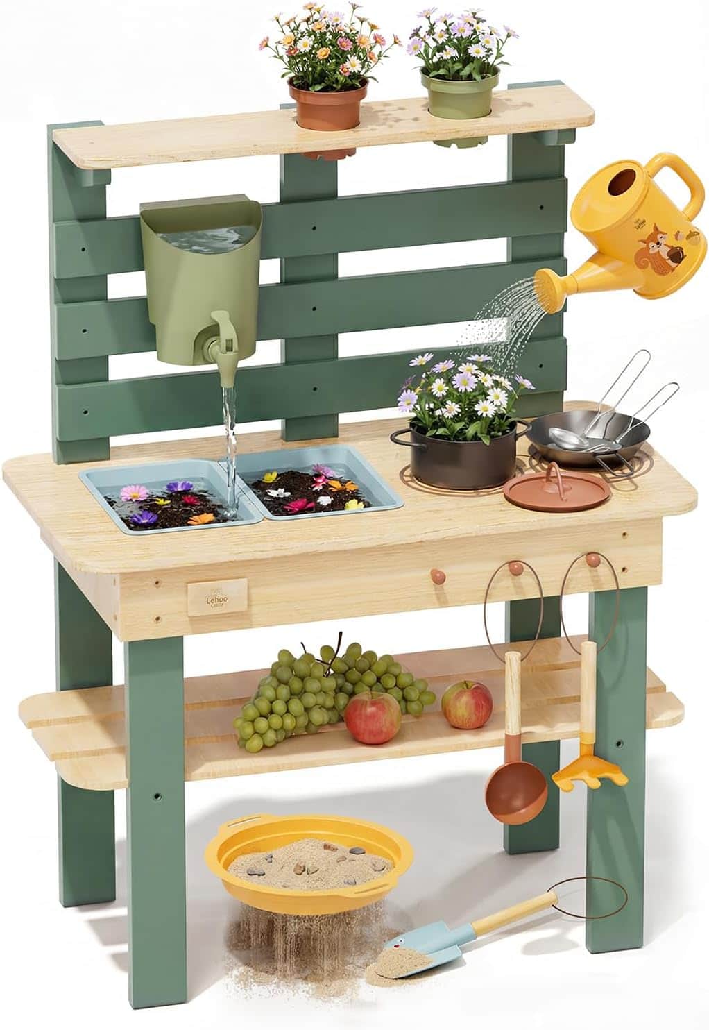 A children's wooden mud kitchen play stand with a natural wood finish on the main countertop and she… — free GLTF 3D model