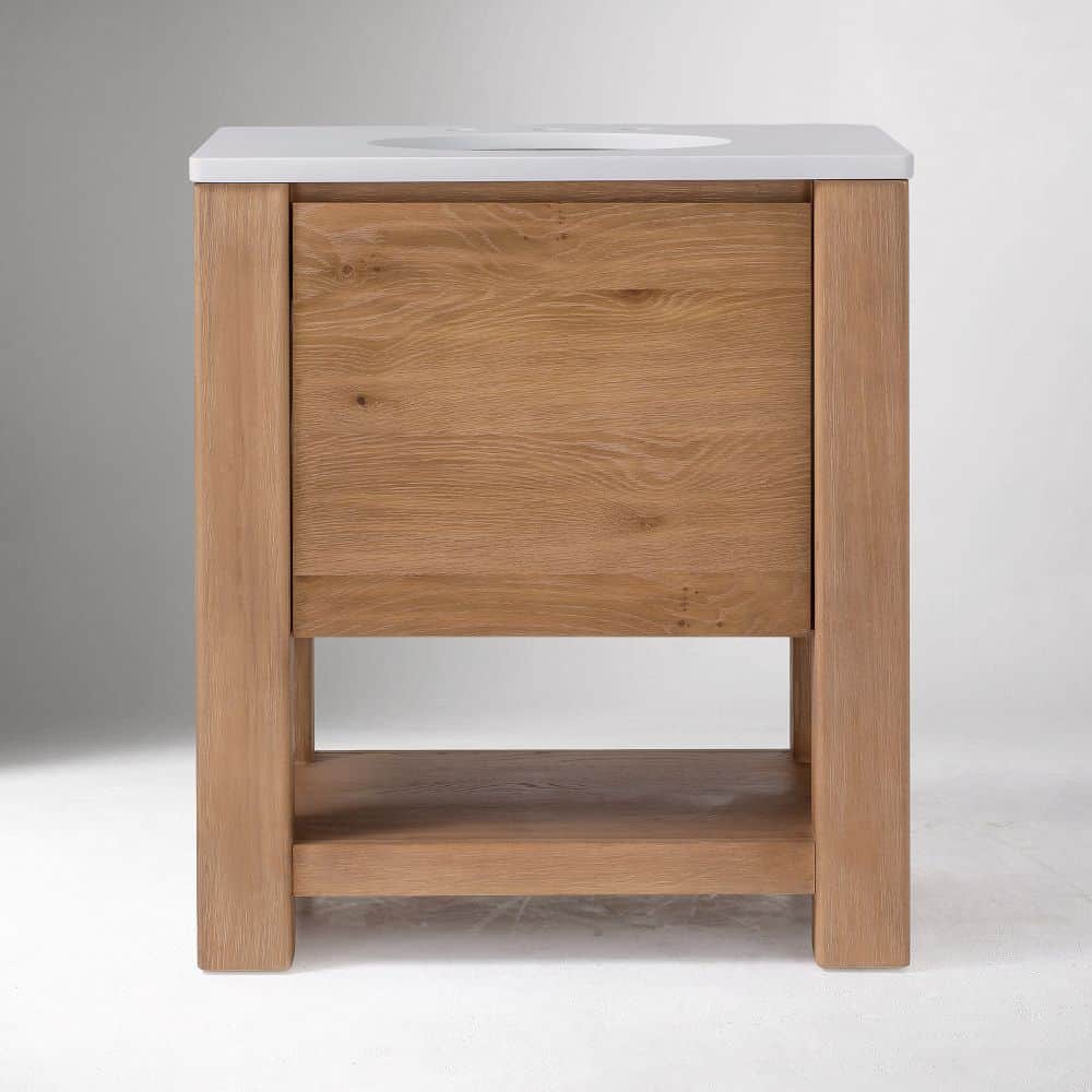 A modern, freestanding bathroom vanity featuring a light-toned oak wood frame and body, topped with… — 3D model