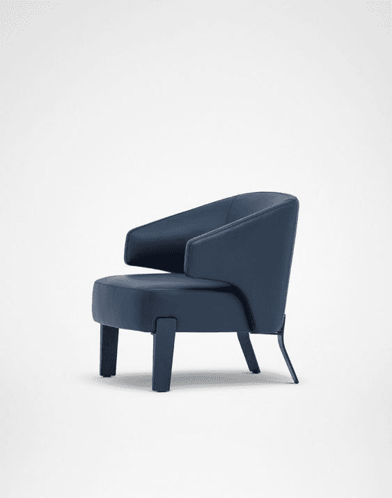 A contemporary armchair featuring a compact, rounded form and upholstered in a deep blue material. I… — 3D model