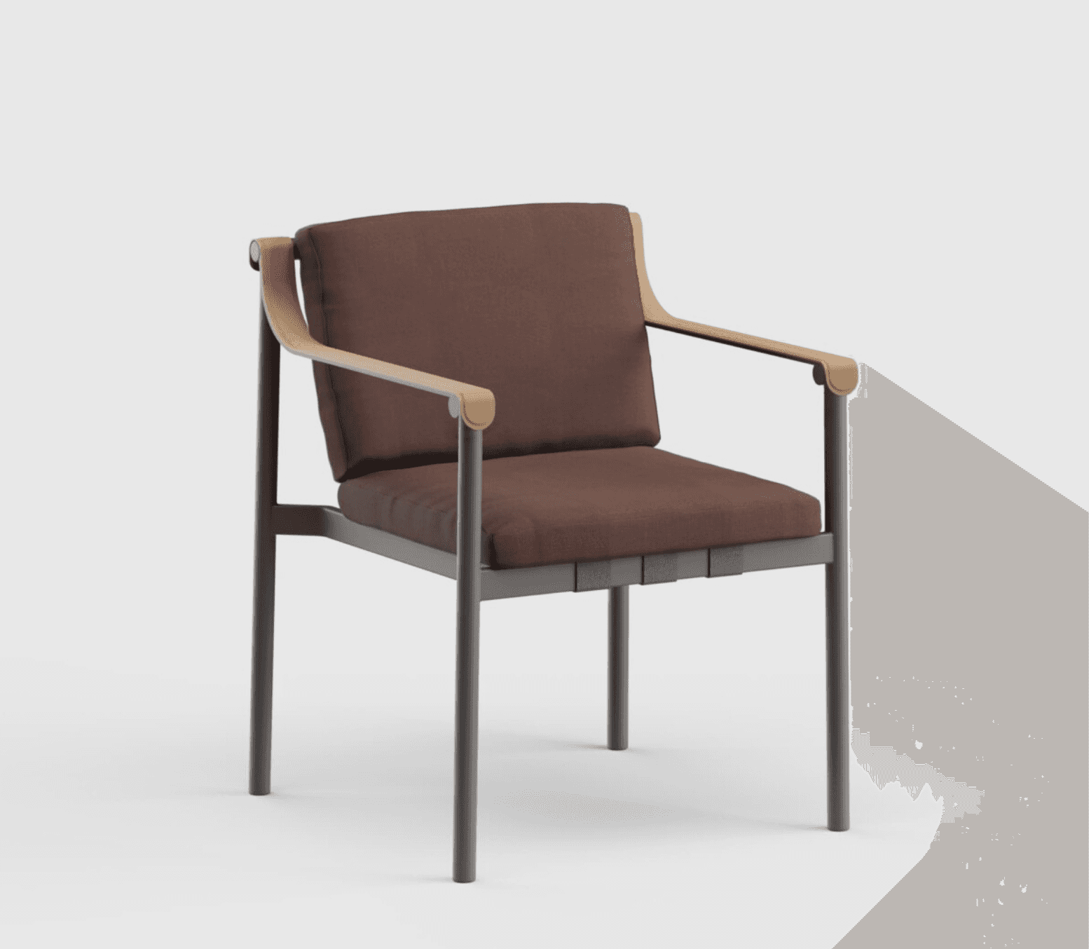 A contemporary armchair featuring a dark gray metal frame, light wood-toned armrests, and plush brow… — free OBJ 3D model