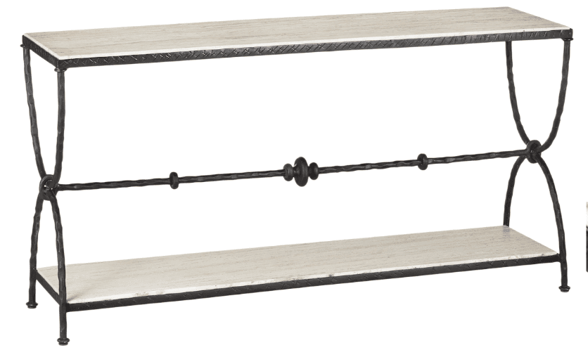 A rectangular, two-tiered console table featuring a robust forged iron frame and two light-colored t… — 3D model