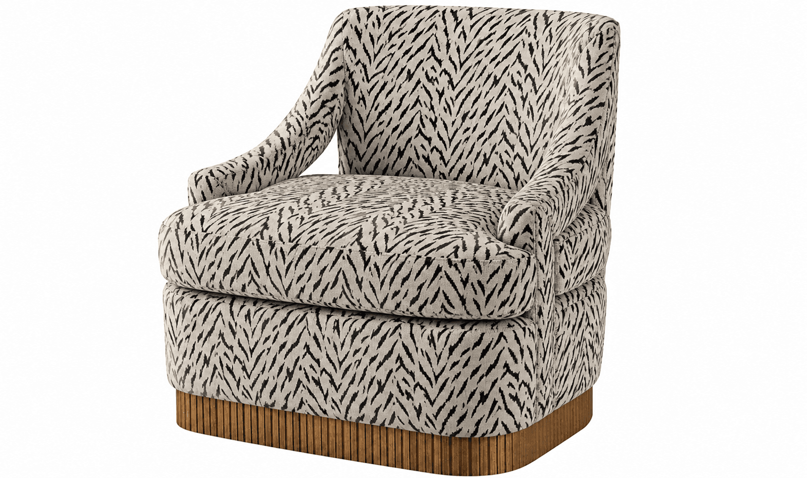 A contemporary upholstered barrel-style accent chair featuring a distinctive black and off-white zeb… — 3D model
