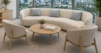 A modern living room furniture set featuring a curved, cream-colored boucle sofa with three light bl… — 3D model