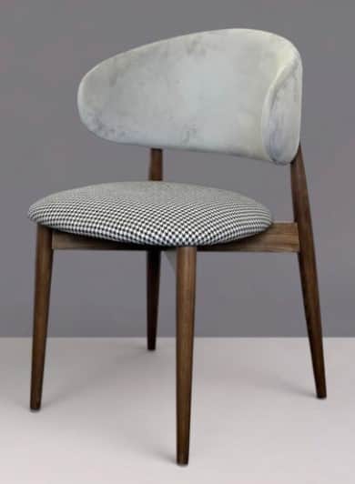 A modern dining chair featuring a curved, fully upholstered backrest in a light gray, velvet-like fa… — 3D model