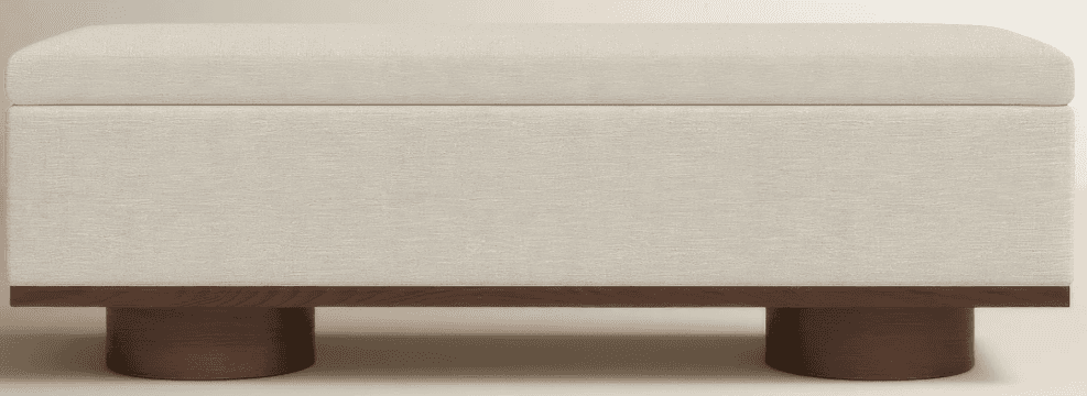 A rectangular ottoman with a padded, upholstered top and a wood base. The base features a horizontal… — 3D model