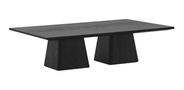 A rectangular coffee table with a dark wood finish. It features a thick, flat top supported by two s… — 3D model