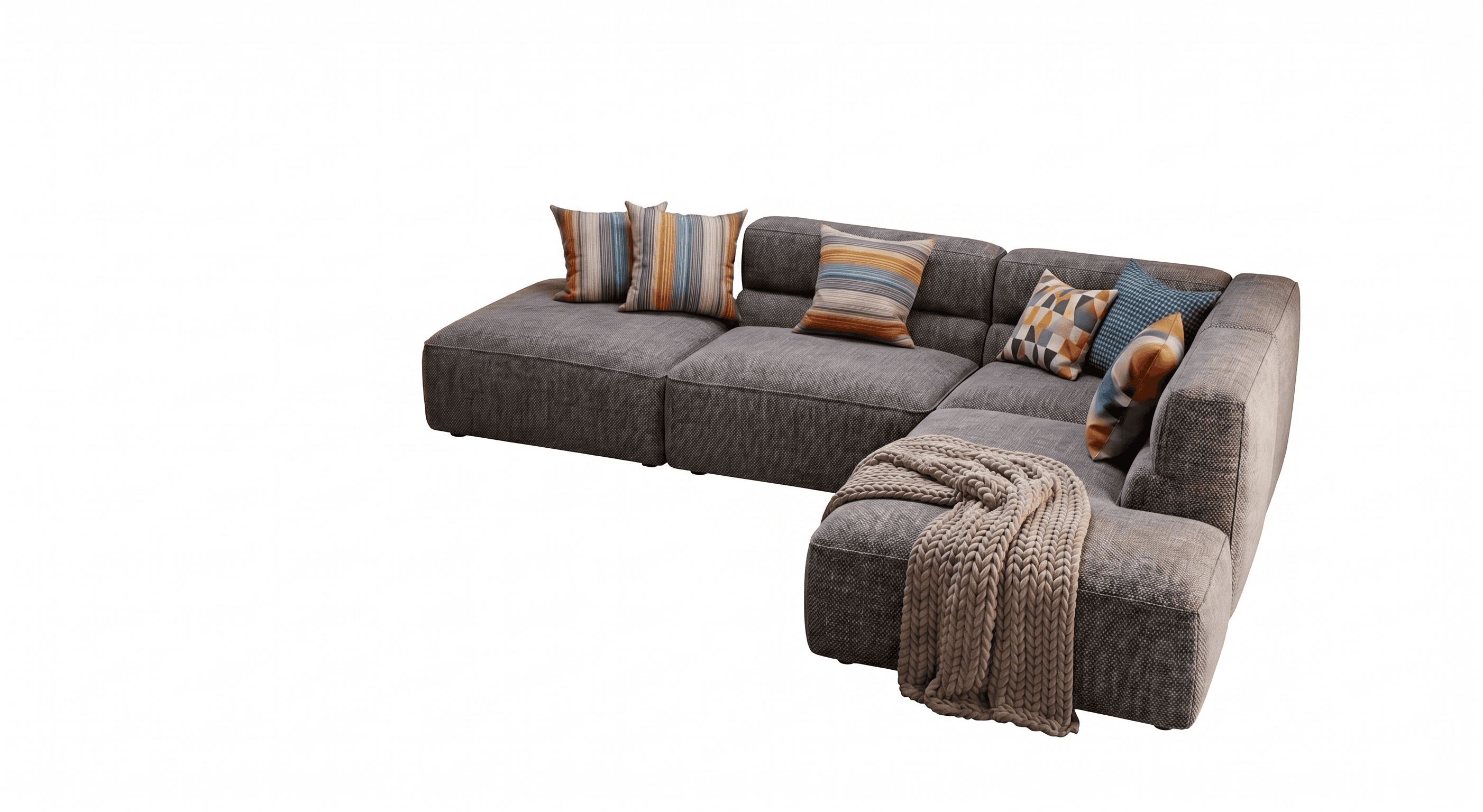 A contemporary modular L-shaped sectional sofa upholstered in a textured grey fabric. It features de… — 3D model