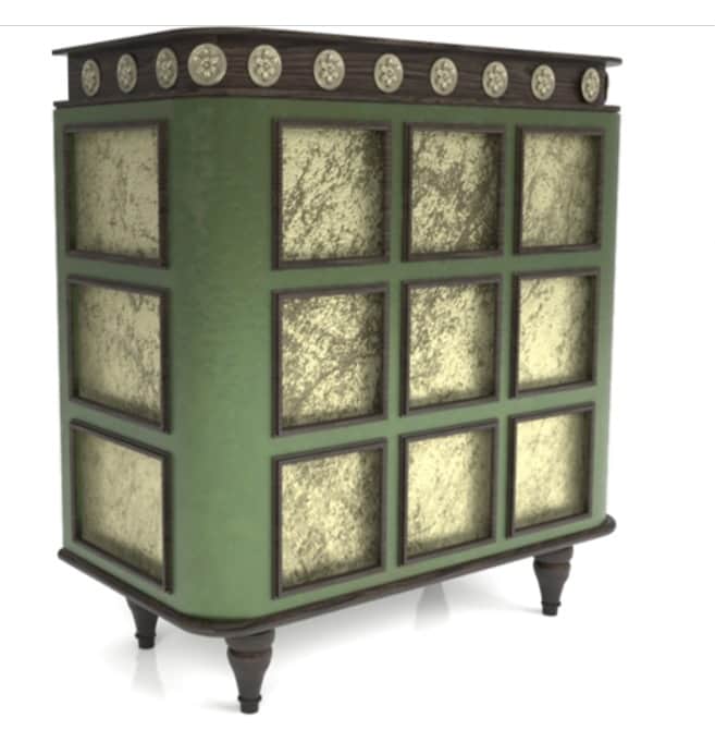 A decorative accent cabinet featuring a rounded green body, dark wood trim, and a grid of gold textu… — 3D model