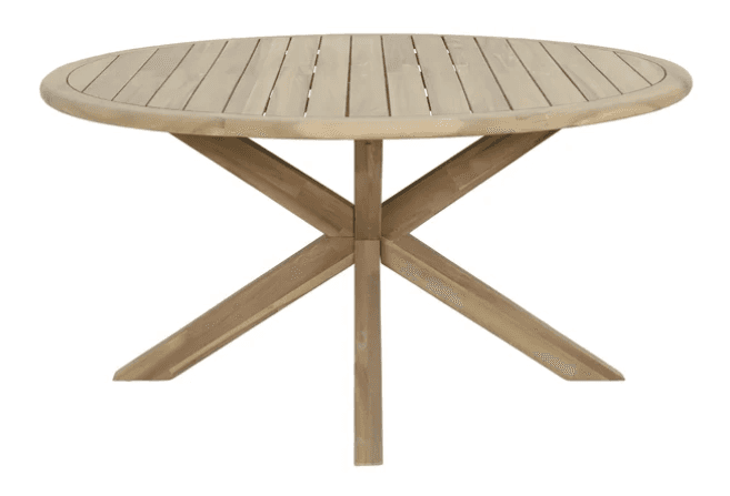A round dining table made of natural teak wood, featuring a slatted top and an X-shaped pedestal bas… — free BLEND 3D model