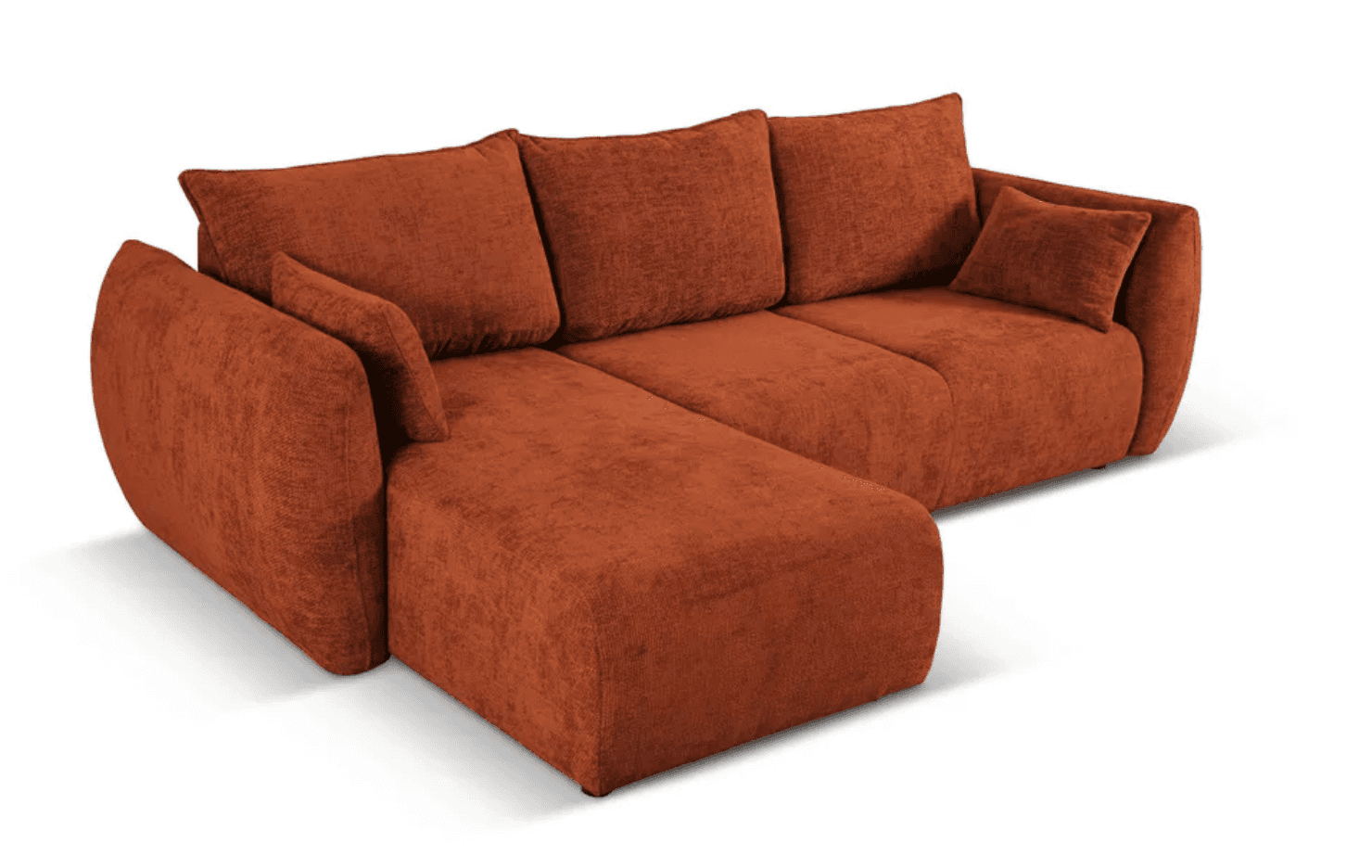 An L-shaped sectional sofa upholstered in a textured, burnt orange or terracotta fabric, featuring a… — 3D model