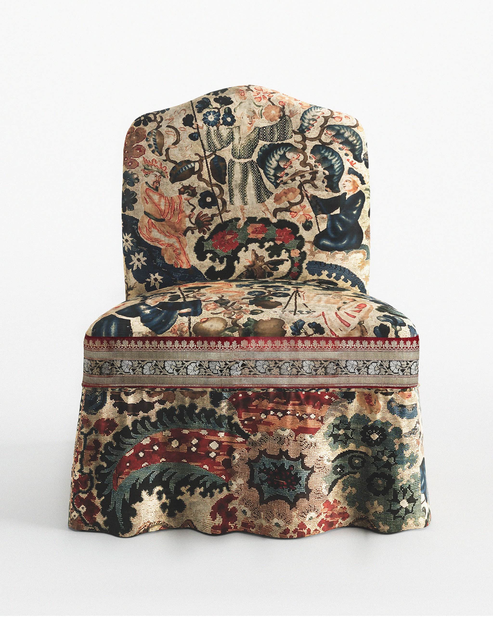 A fully upholstered side chair with a high, curved back and a skirted base. The chair is covered in… — free FBX 3D model