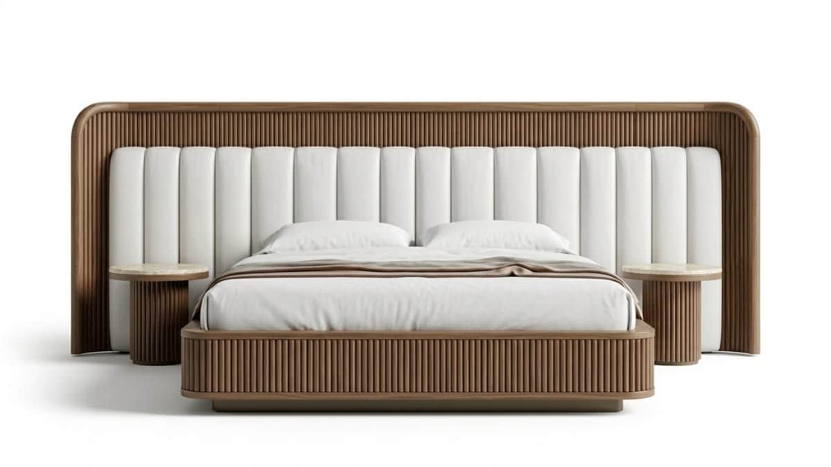 A contemporary platform bed featuring a wide, rounded headboard with fluted dark wood detailing that… — 3D model