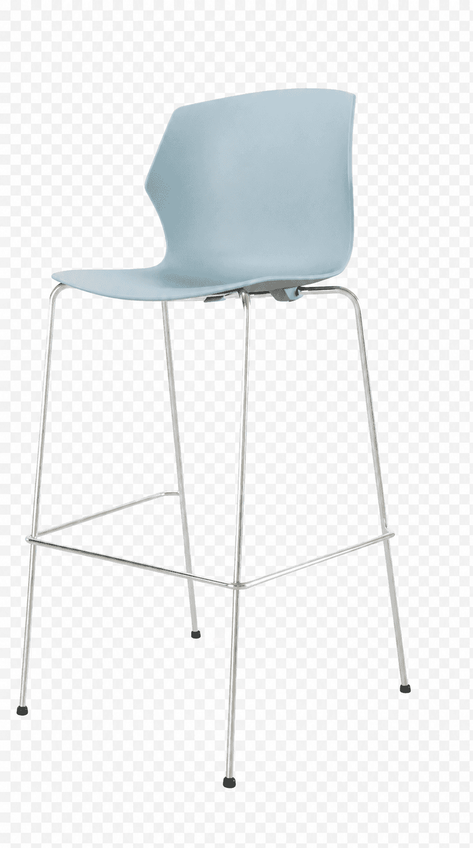A modern bar stool with a light blue molded plastic seat and backrest, supported by a slender, silve… — 3D model