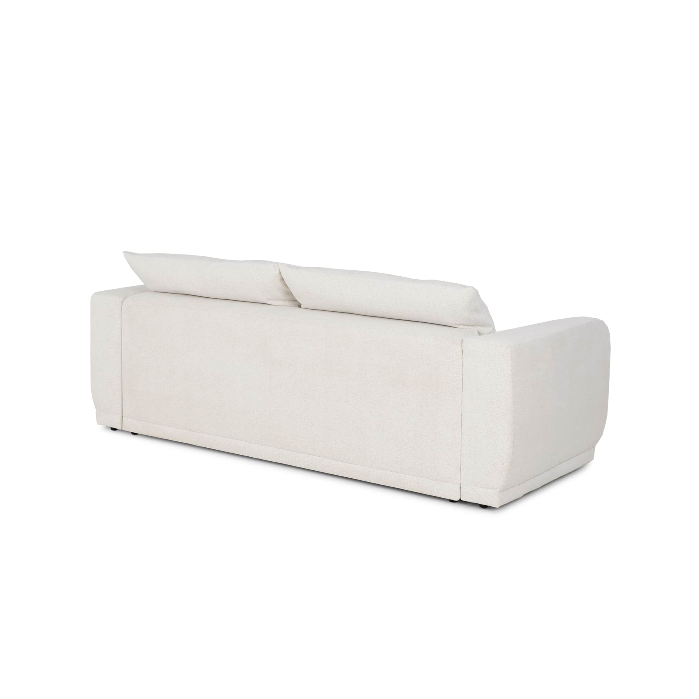 A contemporary sofa, upholstered in a light, textured fabric, seen from a rear-side angle. It featur… — 3D model