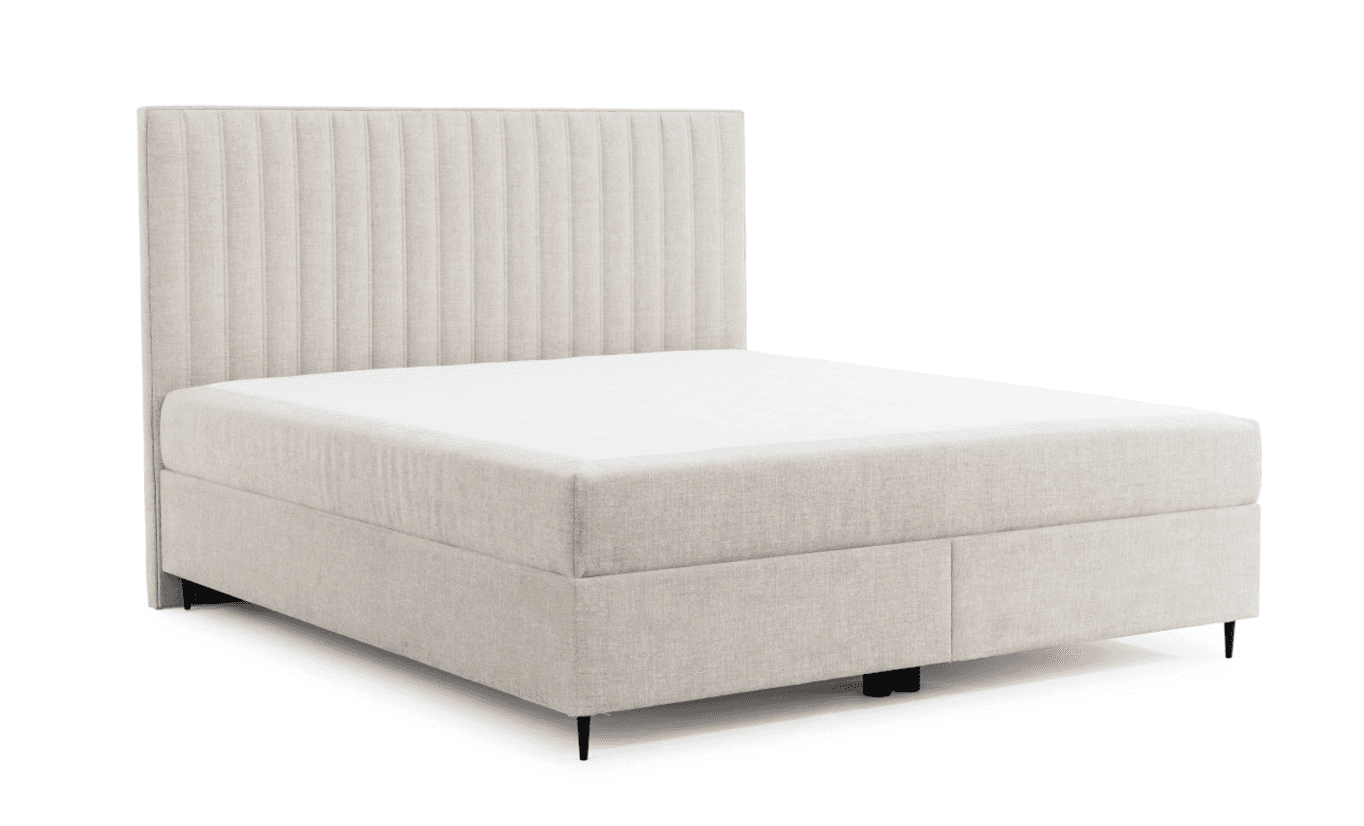 A bed frame with a vertical-ribbed upholstered headboard and a matching upholstered base. The base h… — 3D model