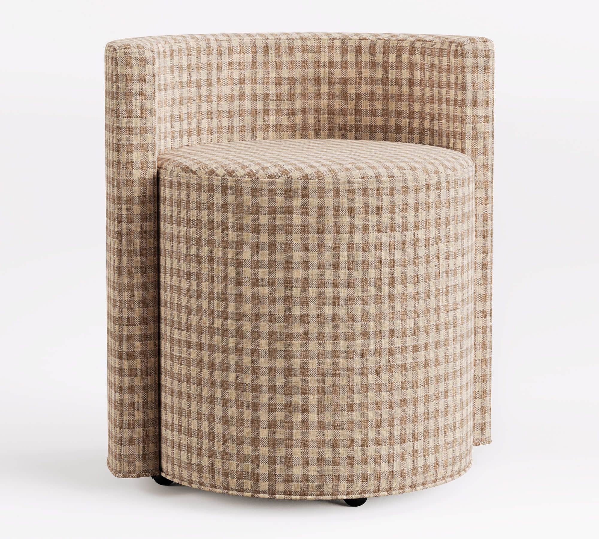An upholstered swivel accent chair featuring a cylindrical seat and a high, curved backrest, entirel… — 3D model