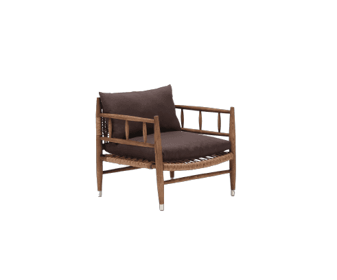 A wooden armchair with a woven seat and a fabric cushion and back pillow. The chair has a natural wo… — 3D model