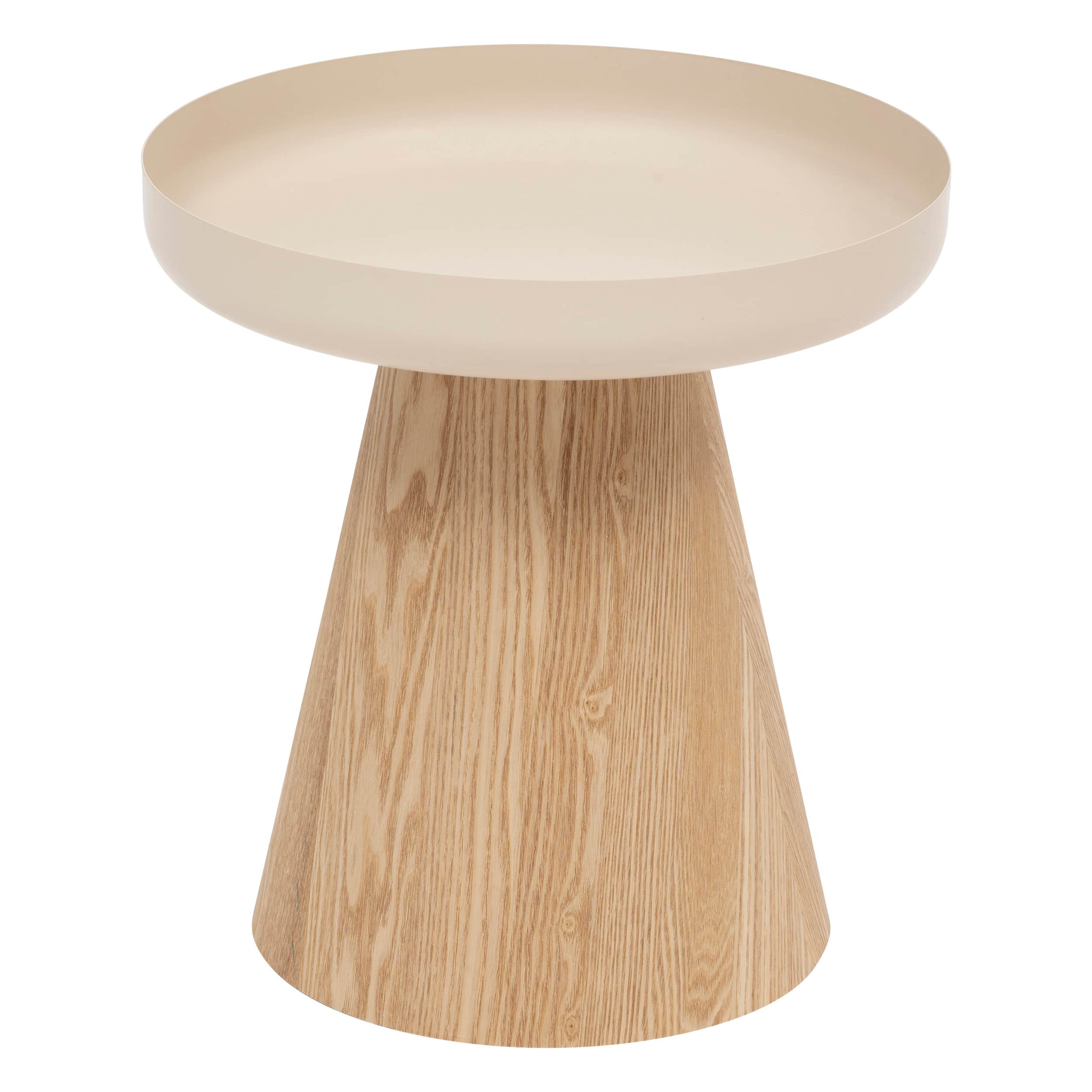 A modern accent table featuring a light wood conical base with a visible grain pattern, topped by a… — free GLTF 3D model