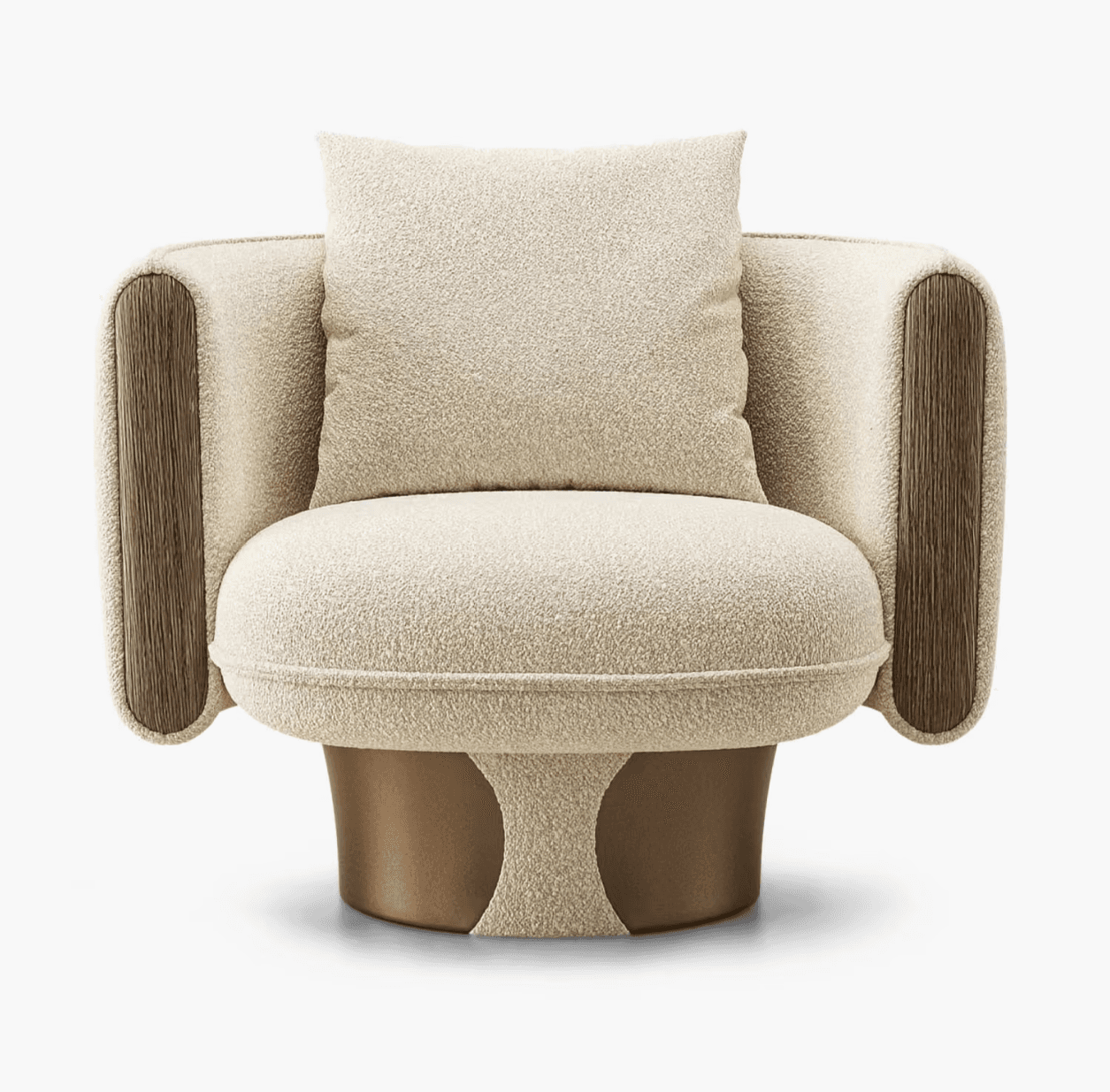 A modern, sculptural armchair featuring a plush, light-colored boucle upholstery. It has distinctive… — 3D model