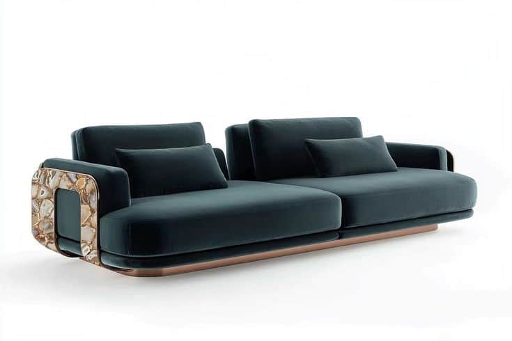 A contemporary, deep teal velvet sofa with a low profile and generously padded cushions. The sofa fe… — 3D model