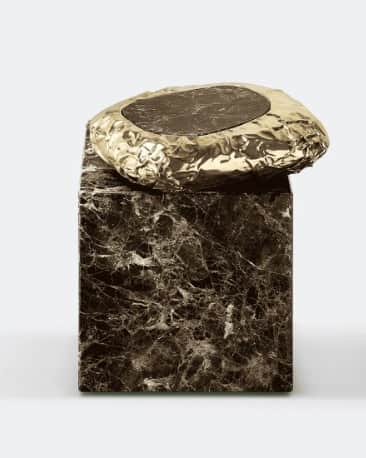 An abstract decorative sculpture composed of a dark, veined marble cube pedestal base and an irregul… — 3D model