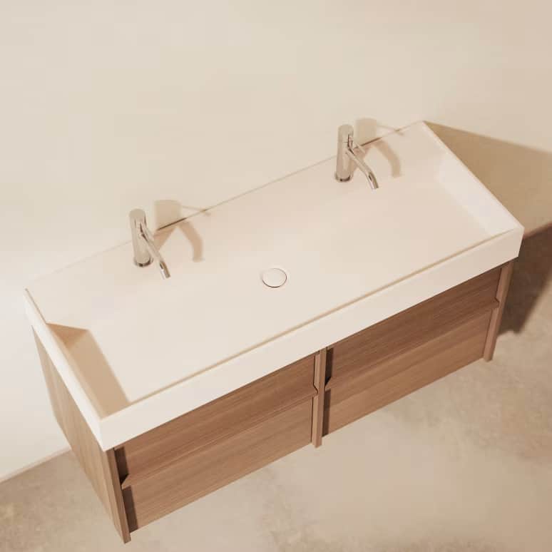 A modern, wall-mounted double sink bathroom vanity featuring a light wood cabinet with four drawers… — 3D model