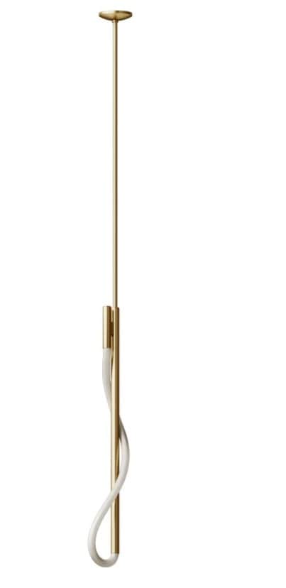 A modern, minimalist pendant light featuring a slender, vertical brass rod from which a flexible, wh… — 3D model