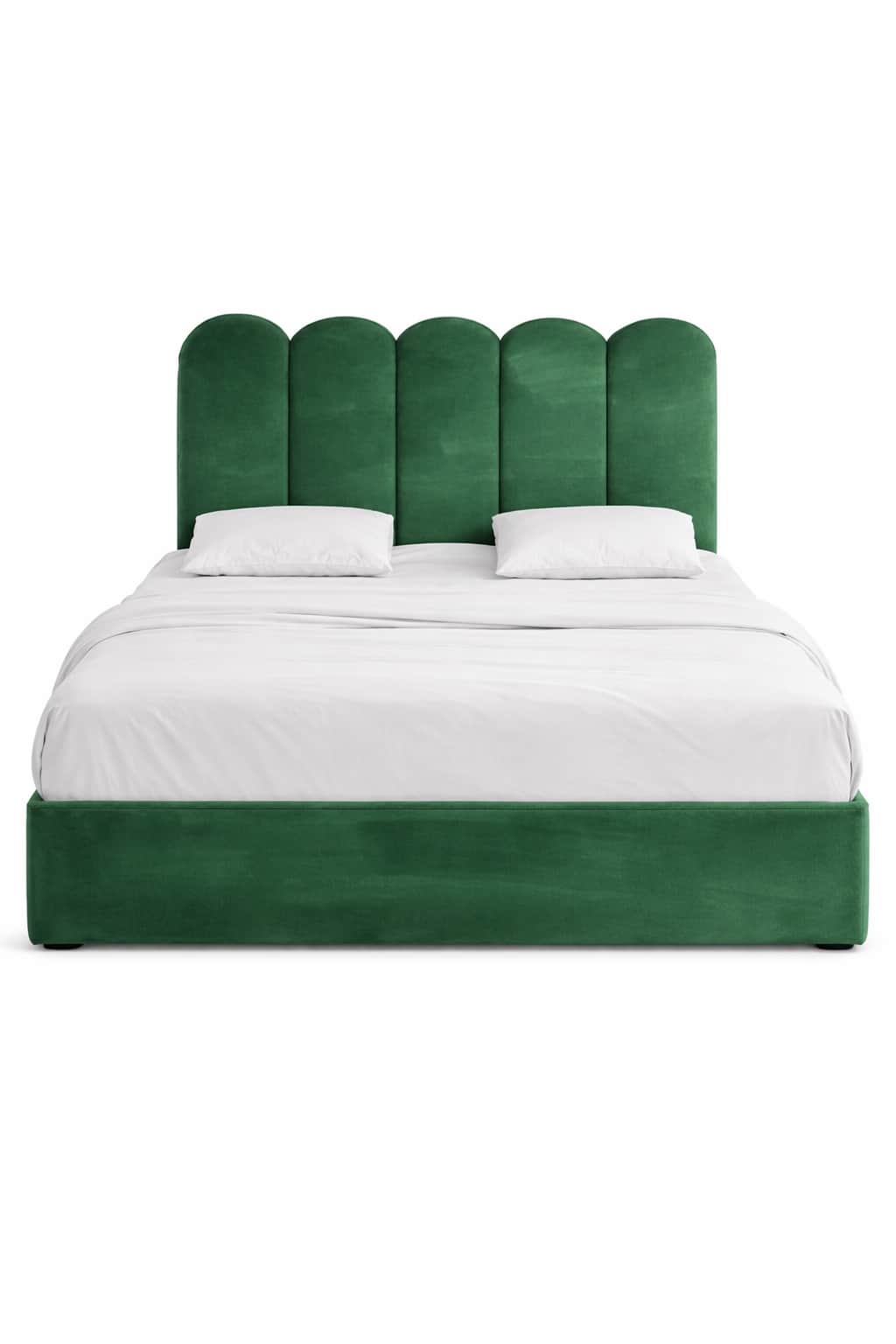 A green upholstered bed frame with a scalloped headboard featuring vertical paneling. The bed is mad… — free BLEND 3D model