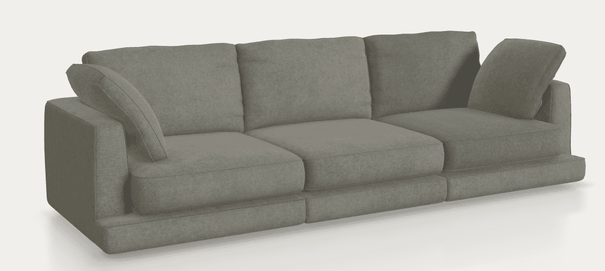 A modern three-seater sofa with a gray fabric upholstery, characterized by its broad block arms and… — free SKP 3D model