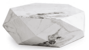 A low-profile, hexagonal coffee table crafted from white marble with prominent gray veining. The tab… — 3D model