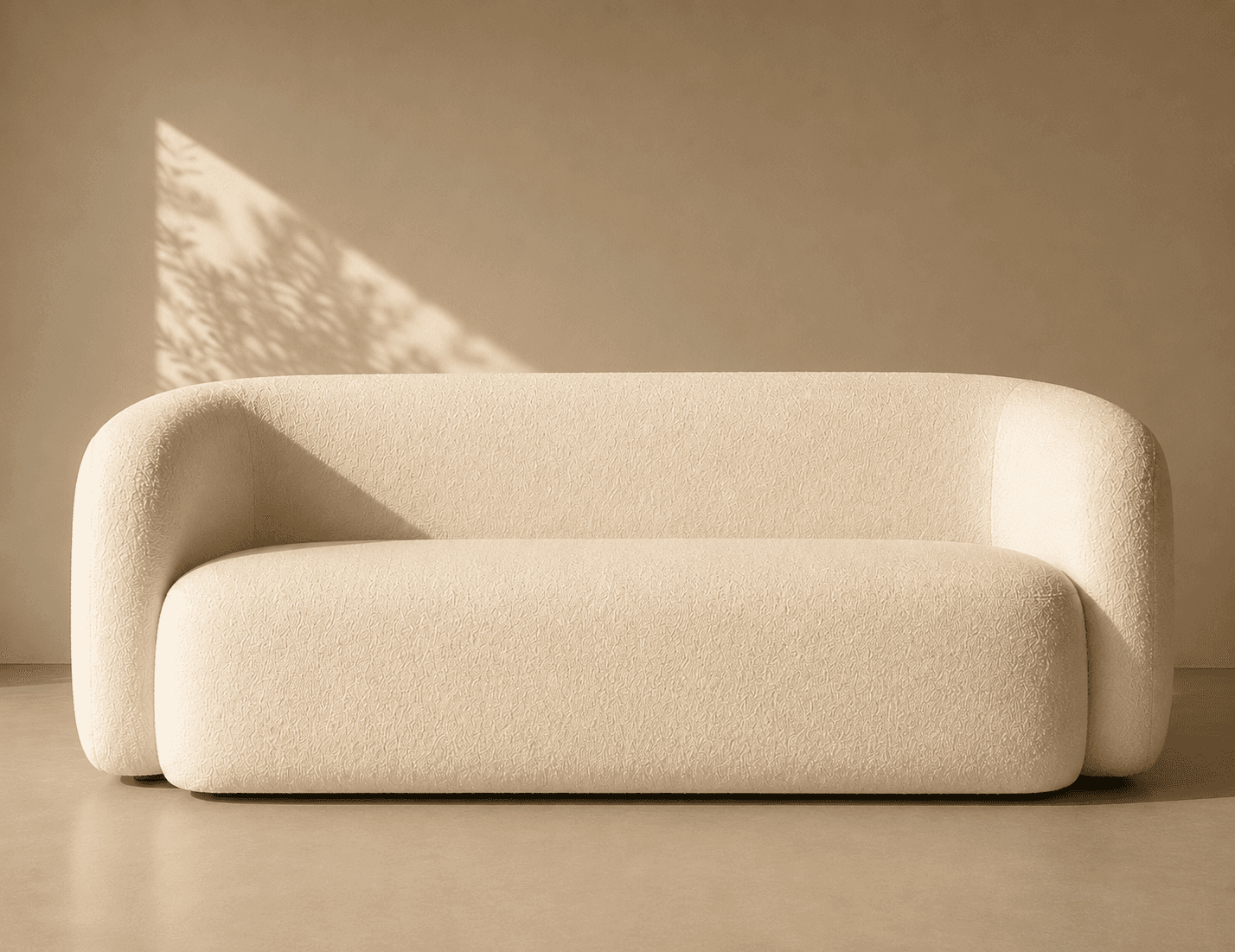 A contemporary loveseat upholstered in off-white bouclé fabric, featuring a distinctive rounded silh… — 3D model