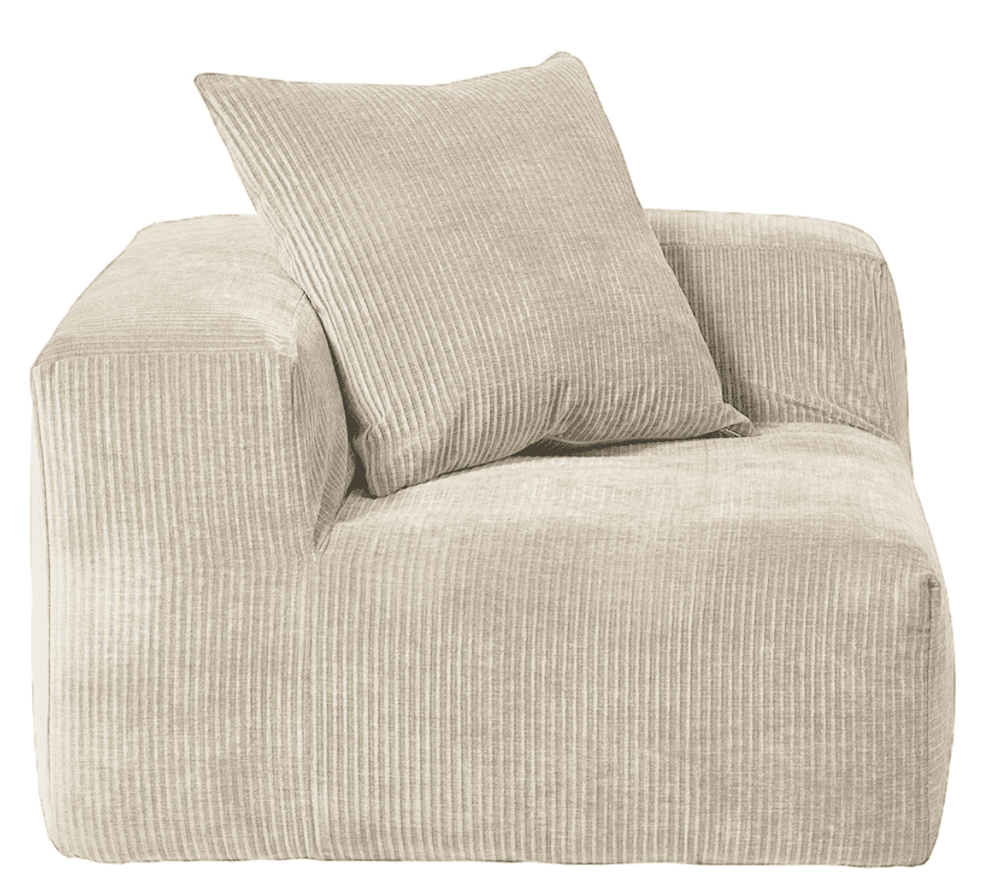A single-seat armchair upholstered in a light beige corduroy fabric. The armchair features a low pro… — 3D model