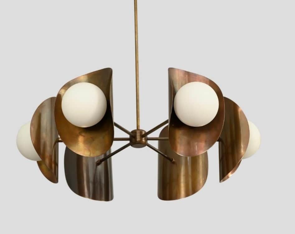 A mid-century modern style chandelier with a central stem supporting multiple arms, each ending in a… — 3D model