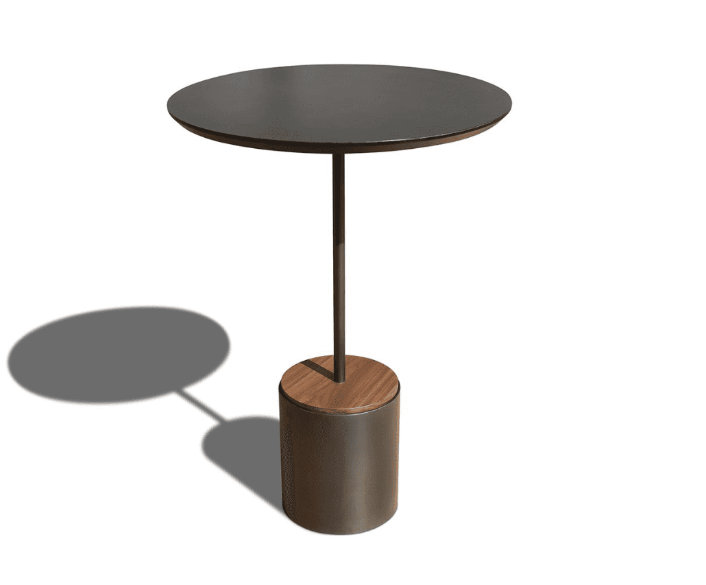 A modern side table with a round, dark-colored tabletop supported by a slender, dark metal stem. The… — 3D model