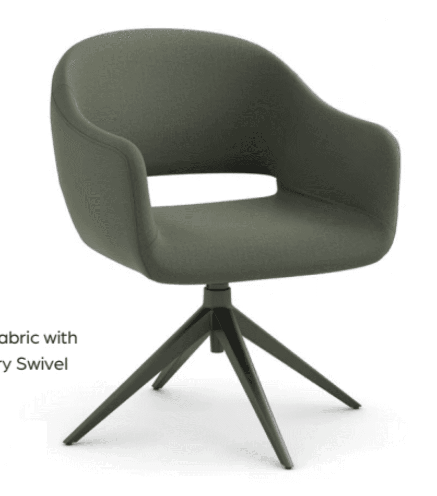 A contemporary armchair with a rounded silhouette and integrated armrests. The chair features a swiv… — 3D model