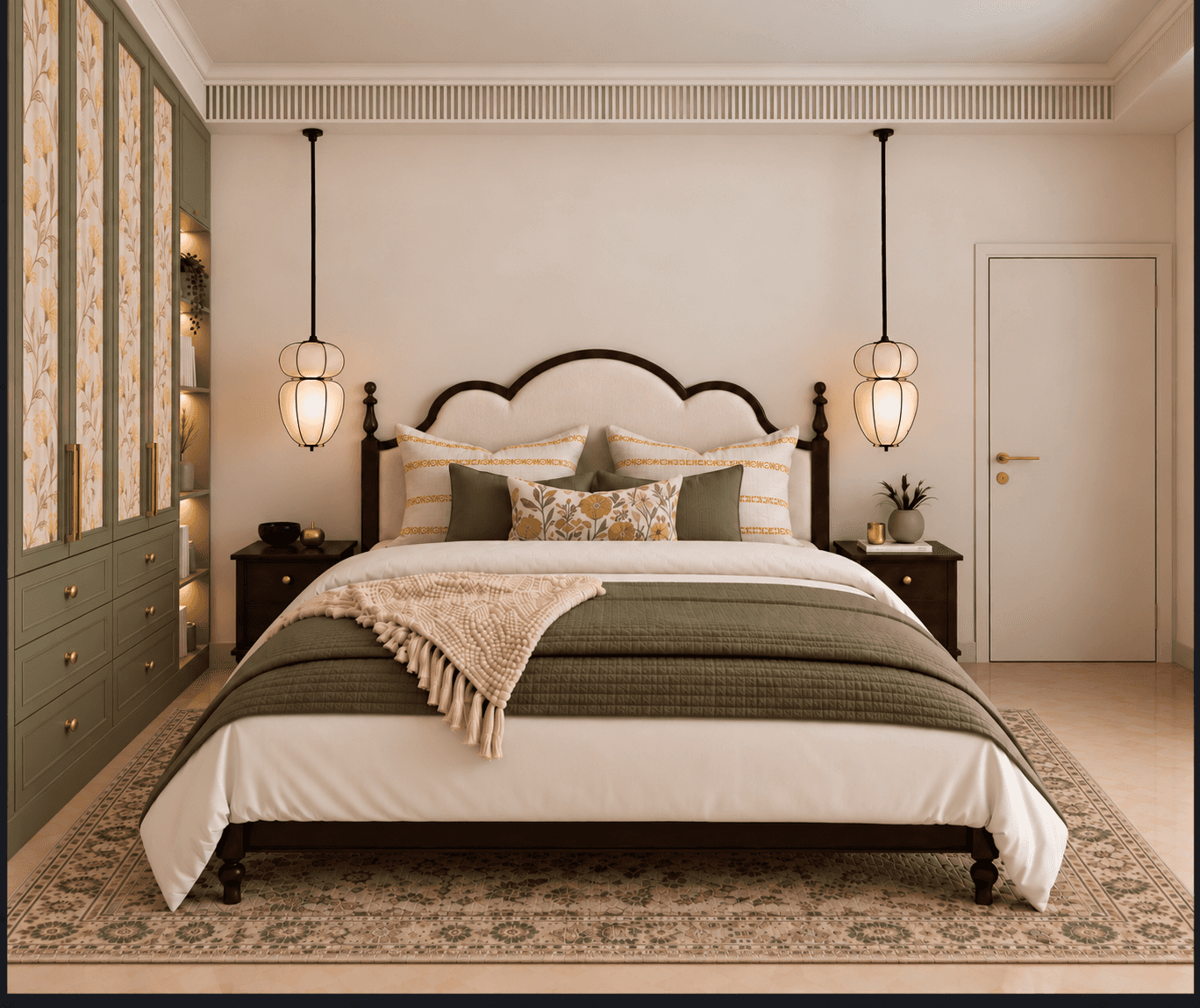A traditional wooden bed featuring a scalloped upholstered headboard, a dark brown wood frame, and t… — free STL 3D model