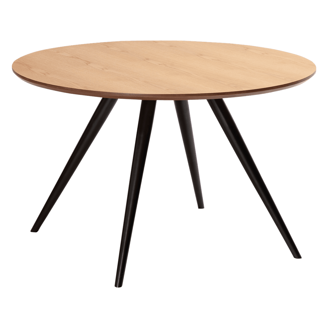 A round side table with a light wood veneer top and three tapered dark metal legs. The legs are spla… — 3D model