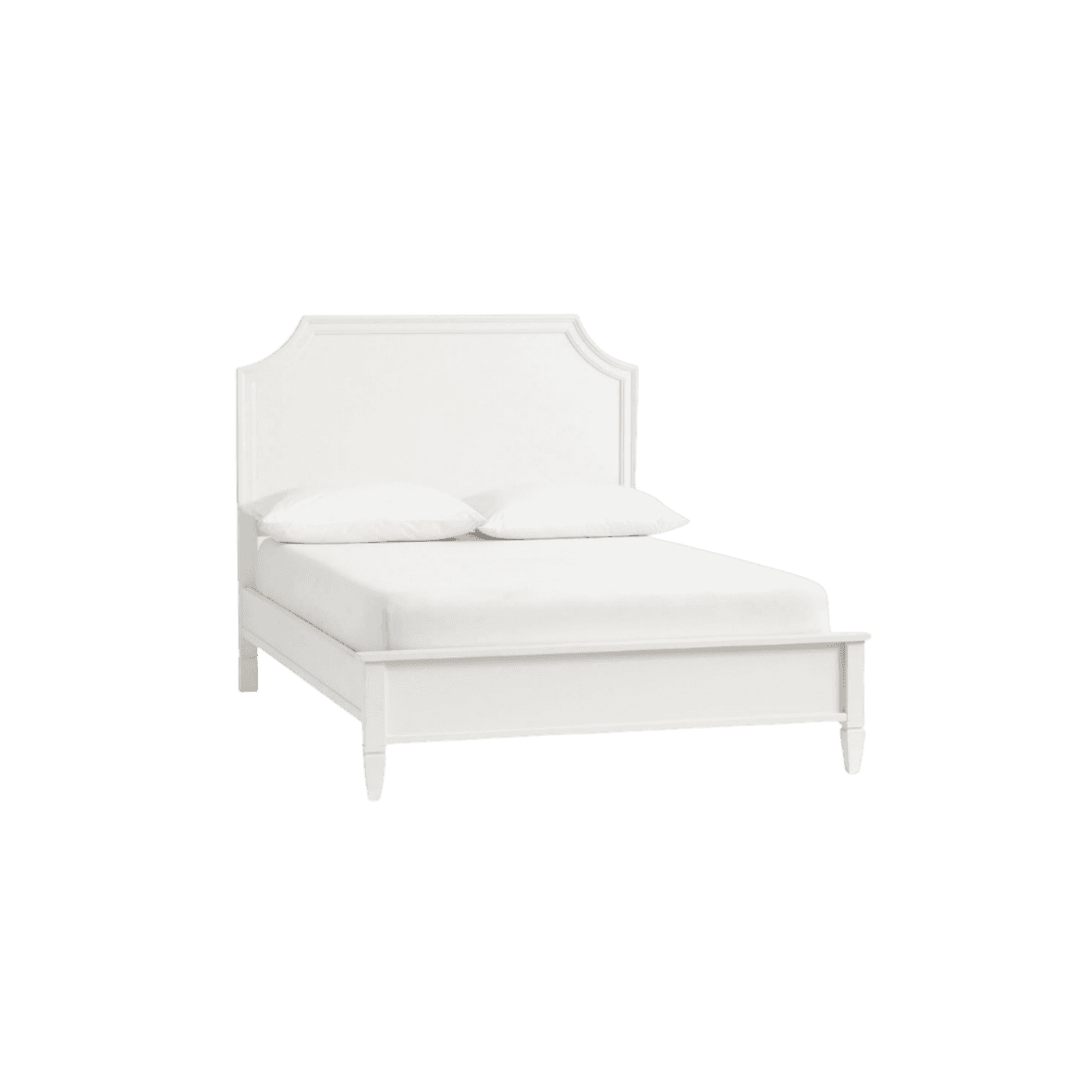 A white, upholstered bed frame with a headboard and footboard. The headboard features a curved top e… — free BLEND 3D model
