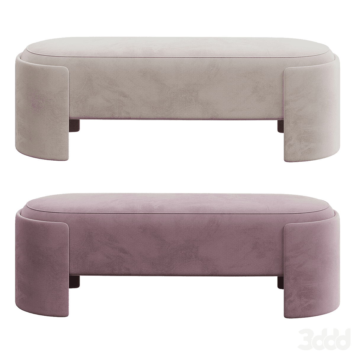 A modern upholstered bench with an elongated oval top and two solid, curved base supports, all cover… — 3D model